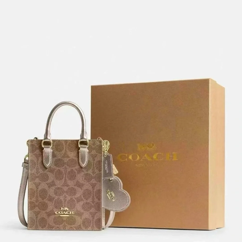 NWT Coach Boxed Mini Tote And Mirror Bag Charm Set In Signature Canvas CX188